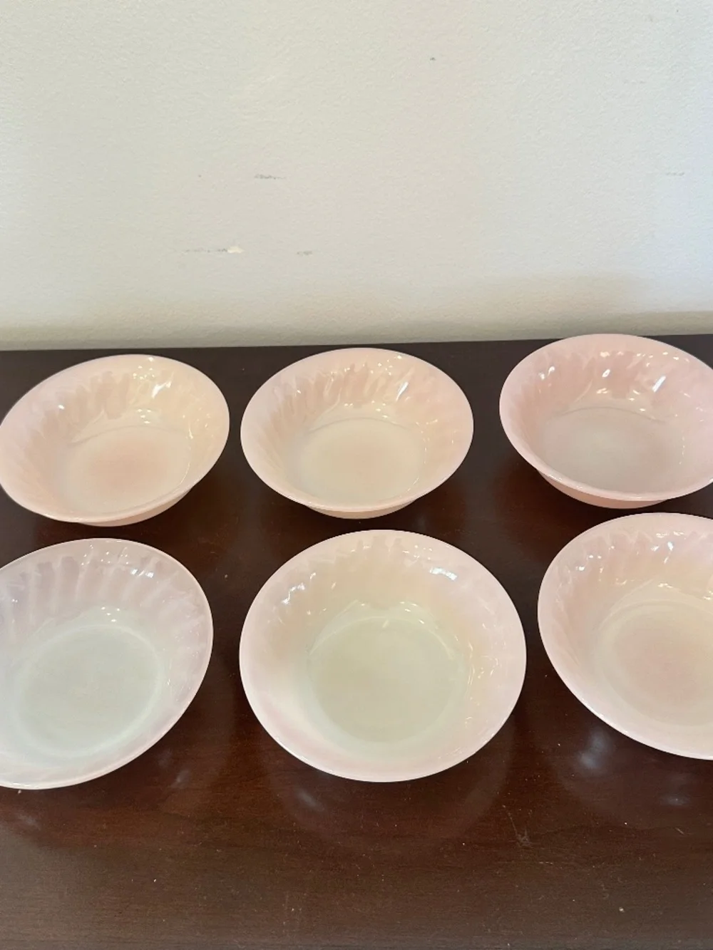 Fire King Oven Ware Lot Vintage 1950s USA 6 Dessert Berry Bowls Pink Swirl
